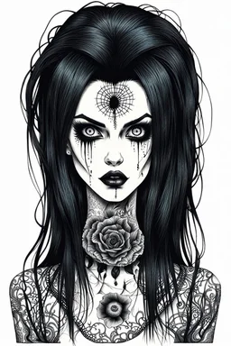 create a disturbing horror full body sketch of a dark haired, savage, gothpunk vampire girl with highly detailed , sharply defined hair and facial features, in the style of Junji Ito, precisely drawn, inked, with dramatic edges,