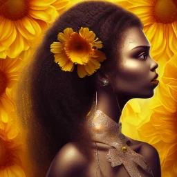 Black woman, flowers in hair, long brown hair, beautiful face, marigold