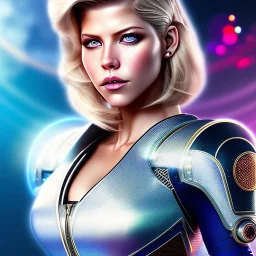 Katheryn Winnick, Cyborg anime warrior, light blonde short hair, pixie hairstyle, cobalt eyes, waist up portrait, 8k resolution, retroanime, intricate details, neon details, soft lighting, vibrant colors, masterpiece, intricate eyeliner, dark eyeshadow, eyes, intricate tattoos, gradient background