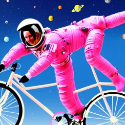 astronaut in pink suit flying through space on a bicycle