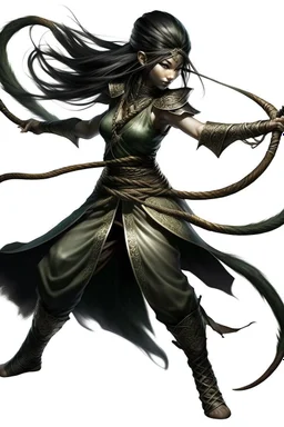 female Shadar-Kai wielding a Whip a whip made out of black thorns