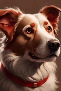 un perro con pelaje collor marron claro y blanco, con forma de ondas y rulos, tamaño grande, y de edad adulta, con un collar color rojo, arte digital