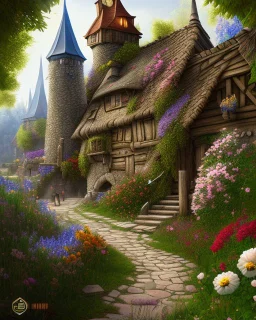 medieval fantasy village with flowers rpg art