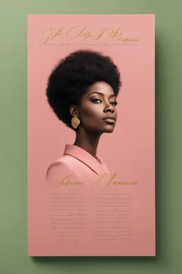 An extremely formal, funeral program written in French for a black woman (include a front photograph of a beautiful biracial black woman) on salmon pink deeply pigmented velvet paper with brilliant, brightest heavy golden greenish calligraphy fonts, simple, minimalistic, less element, very dramatic lighting