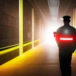 a security guard with a flashlight at night