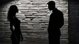 An attractive athletic man silhouette standing very close to a woman silhouette against a modern wall. He leans toward her confidently, one arm resting against the wall beside her. Woman looks up at him, her face mostly hidden. romantic tension,. His face is partly in shadow,, fit build, black fitted shirt. Dark indistinct background, black, charcoal, and deep tones, cinematic