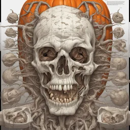 Cutaway schematics of spooky Halloween Pumpkin jack-o-lantern, gristle wet visceral rictus tendons sloppy bile pumpkin spilling intestine guts; by Wes Benscoter, by George Herriman, by Jeremy Mann; hyperreal; deep vibrant rich orange, black, and red color scheme; intricate complex detail, grossly rotting muck.