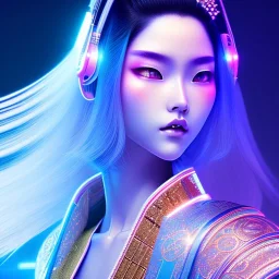 teenager, Cyborg samurai, cyberpunk, white skin, light blue hair, geisha hairstyle, cobalt eyes, waist up portrait, 8k resolution, retroanime, intricate details, neon details, soft lighting, vibrant colors, masterpiece, intricate eyeliner, dark eyeshadow, eyes, intricate tattoos, gradient background