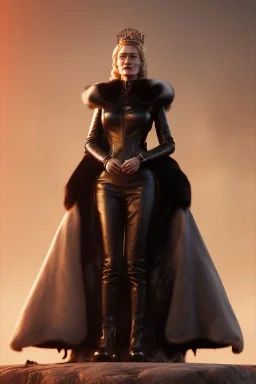 Cersei Lannister as evil queen in black leather and fur, busty, cleavage, curvy, lena headay, angry, stern look. character design by cory loftis, fenghua zhong, ryohei hase, ismail inceoglu and ruan jia. unreal engine 5, artistic lighting, highly detailed, photorealistic, fantasy