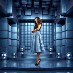 make a picture pretty stage made of metallic blue-gray teme 3d recursive cubic and sphere and cylinder base structures and a beautiful fashion model lady standing with cute in scene with sexy top and pretty pleated midi skirt ,makeup curvy long hair,dynamic camera zoom to full body and pan, dynamic lights.