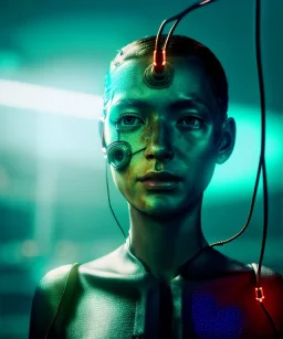 Ultra realistic photographic night portrait, cinematic, brunette woman, <hanging wires> <retro monitor> many wires coming out of the head <perfect pupil> <cyborg arm> <garage> <wide angle Shot> <retro futuristic> <thriller>, led lights, color fog, soft color, highly detailed, unreal engine 5, ray tracing, RTX, lumen lighting, ultra detail, volumetric lighting, high definition.