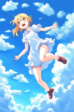 Girl falls from the sky among the clouds. Anime style