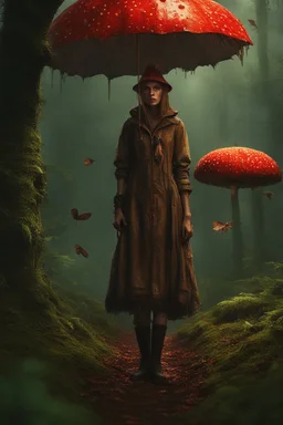 tall slim woman in a ragged clothing, in a forest, holding an umbrella made from a fly agaric mushroom, raining, detailed matte painting, deep colour, fantastical, intricate detail, complementary colours, fantasy concept art, 8k resolution, Unreal Engine 5