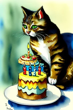 A cute cat is having a birthday cake. Watercolour