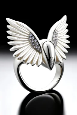 A white stone ring with angel wings .