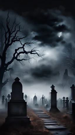 Scary realistic night foggy cemetery with black clouds background