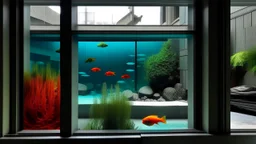 Through the window, the brutalist architecture of the exterior mixes with the water of the interior aquarium, creating a play of colors and textures