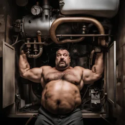 full figure shot photography, ugly turkish chubby plumber repairs boiler, burly, shirtless, hairy allover, manly chest, muscular big beefy 44 years old, dressed in boxer, big thighs, seen from below, frontal view, ambient occlusion, side light