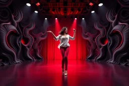 modern stage with gray-dark red theme artistic decoration , color full dynamic lighting, a beautiful lady in pants and blouse with shining silver jewels dancing, 3D recursive fractal structure animating background