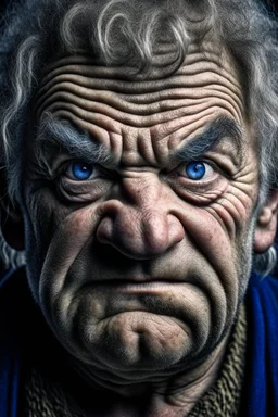 Portrait of an old ogre, malevolent look, blue eyes, salt and pepper hair,