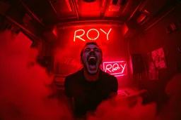 nedsliten sunkig techno club, mycket scen rök i lokalen, och gula röda strobes, en Neon Skylt med texten "DJ ROY" på väggen, DJ Roy skriker rätt in i kameran, öppen mun och headbangar, euforisk