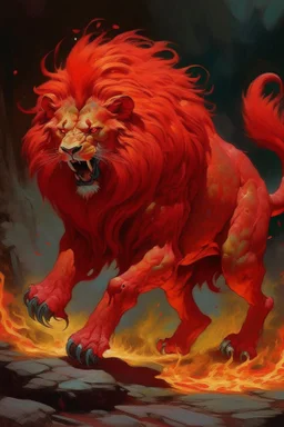 A red fire elemental lion painted by Francis Danby