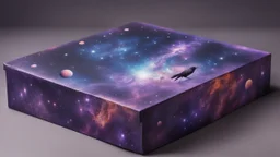 a box 10 cm long by 5 cm wide and 25 cm high, drawn on a box on all sides, space, tress, planets, crow galaxies a lot of colours purple, very realistic