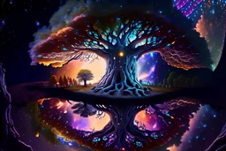 Cosmic Mirror Tree, Spiritual Nexus Bridging Heaven, Earth, and the Universe, 8k, high resolution, HDR, hallucinate, mushrooms, hallucinogenic, hyperrealism, photographic,