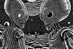 first contact with an earthling. stereotypical depiction of highly advanced enlightened & evolved & technologically advanced benevolent race of intergalactic space aliens from outer space. wifi scifi fantasy futuristic. top notch graphic novel. beautifully illustrated. high contrast black & white stylized drawings