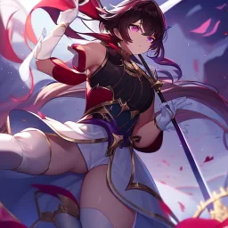 Clear focus, High resolution, Black red faded hair, low small ponytail, purple dead glowing eyes, white detailed split skirt, purple and white detailed sleeveless shirt up to neck, white gloves up to elbow, holding sword, gold necklace, white thigh high boots, zoomed out, (solo)