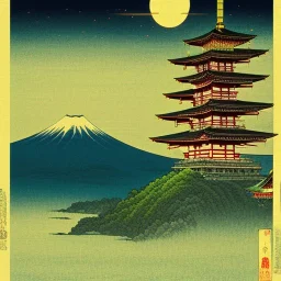 Ukiyo-e Style , mount fuji, sun set