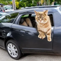 cat riding a car