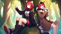 Two Girls, red hair, raccoon ears, raccoon tail, raccoon muzzle on face, forest, sit on tree, raccoon paws on hand, paws on foot, coat on neck,with tongue out