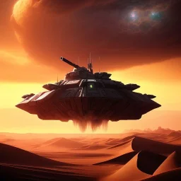 volumetric dramatic desert Battle scene with futuristic hovering military armored Hovercraft painted by chris foss, floating, 4k, 8k, Minutiae, highly detailed, With laser Turret, pennant, hovering, stripes, sunset, duststorm, nimbus clouds]