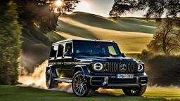 A sleek (((BMW Mercedes-AMG G 63))) with a majesticly curved rear, cutting through a (sunny, open countryside) backdrop