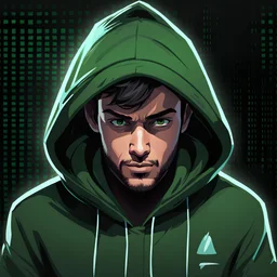 Create a compelling image featuring a man in a green hoody with a dapper expression against a white background. Specify a hand-drawn style with bold strokes, emphasizing the meaning of the subject. full head. Ensure the composition captures the essence of elegant expression, creating a visually striking and impactful scene through the use of hand-drawn strokes. Vista frontal