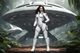 photorealistic slim woman with dark hair and white boots in a heroic pose in front of a fat wide spaceship in the jungle