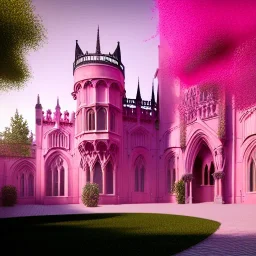 concept art, concept design, neogothic palace, neo gothic, aesteric, pink walls, pink exterior, glass exterior, english garden around, volumetric light, photorealistic, high quality, cinematic