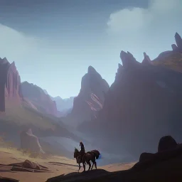  mountains with medieval knight in armour traveling on a horse in the background