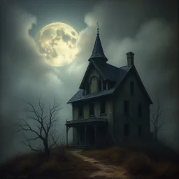 derelict haunted house at midnight, foggy, full moon partilly obscured by clouds, matte oil painting, by Goya and Zdzislaw Beksinski and Alexander Jansson, looks like an old aged painting with cracked textures and faded colors, spooky