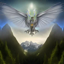 image framed with a thin border of celtic designs, story book cover format, A winged celestial dragon in flight above a forested mountain, against a background of brilliantly glittering stars, hd 4k, fine sharp detail