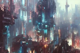 Art by John Berkey and John Harris and Craig Mullins, futuristic cyberpunk city, high rise, smooth, sharp focus, hyper detailed, digital painting, elegant, centered, detailed, neon signs, volumetric lightning, brutalist architecture, 8k