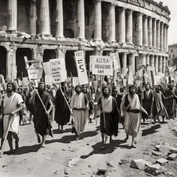 Protest march in ancient Rome with picket signs