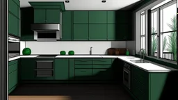 kitchen with dark green furniturel, on the left side next to the window there is a microwave and oven installed in the furniture, and on the right side 5 cm from the induction hob and a kitchen hood above it,