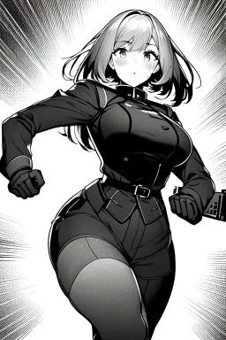 military girl runs fast, greyscale