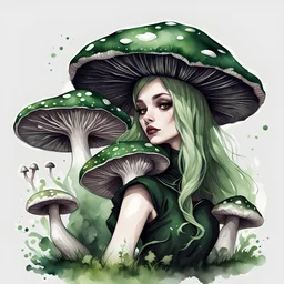 watercolor drawing of very dark green Gothic witch mushrooms, dark green without people, white background, Trending on Artstation, {creative commons}, fanart, AIart, {Woolitize}, by Charlie Bowater, Illustration, Color Grading, Filmic, Nikon D750, Brenizer Method, Side-View, Perspective, Depth of Field, Field of View, F/2.8, Lens Flare, Tonal Colors, 8K, Full-HD, ProPhoto RGB, Perfectionism, Rim Lighting, Natural Lighting, Soft Lighting, Accent Lighting, Diffraction Grading, With Imperfections,
