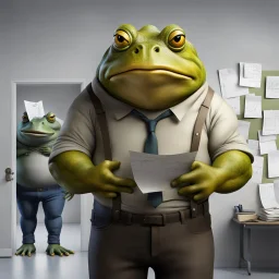 photo of a fat yellow-green color anthropomorphic frog in simple human cloths and take between his hands many paper in office, on the wall hang an wall board with some written sheets of paper, in background standing an anthropomorphic strong gray rhinoceros in blue jeans and in t-shirt behind in halb open door , dark colors, detailed 3d, sci-fi, fantasy mood