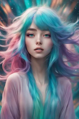 A stunning Anime girl suspended in a kaleidoscope of colors, captured in a photorealistic, cinematic photograph, as if plucked from a dream sequence. Her vibrant turquoise hair flows like a river, contrasting with the muted, earthy tones of her skin, set against a gradient of iridescent pinks and purples, evoking a sense of ethereal mysticism. Soft, cinematic film grain textures the image, infusing it with a sense of nostalgic warmth, as if lit by the flickering lights of a vintage cinema.