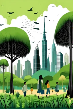 Trees, a veiled student, a teacher, an outdoor classroom, grass, birds, cloudy weather, and Burj Khalifa.