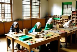 can you please generate an image of segregated learning facilities for girls and boys in an islamic country They will learn english and maths as well as everyday skills.. It should include sensory learning and use durable materials.